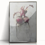 Mid-century modernist art featuring an array of fruits in vibrant colors on a silver framed acrylic.