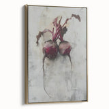 Framed canvas featuring a vintage poster of assorted fruits in muted colors, suitable for bedroom wall art.