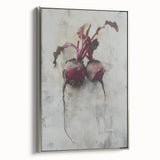 A vintage poster art of colorful assorted fruits on a black background, printed on framed canvas, ideal for kitchen decor.