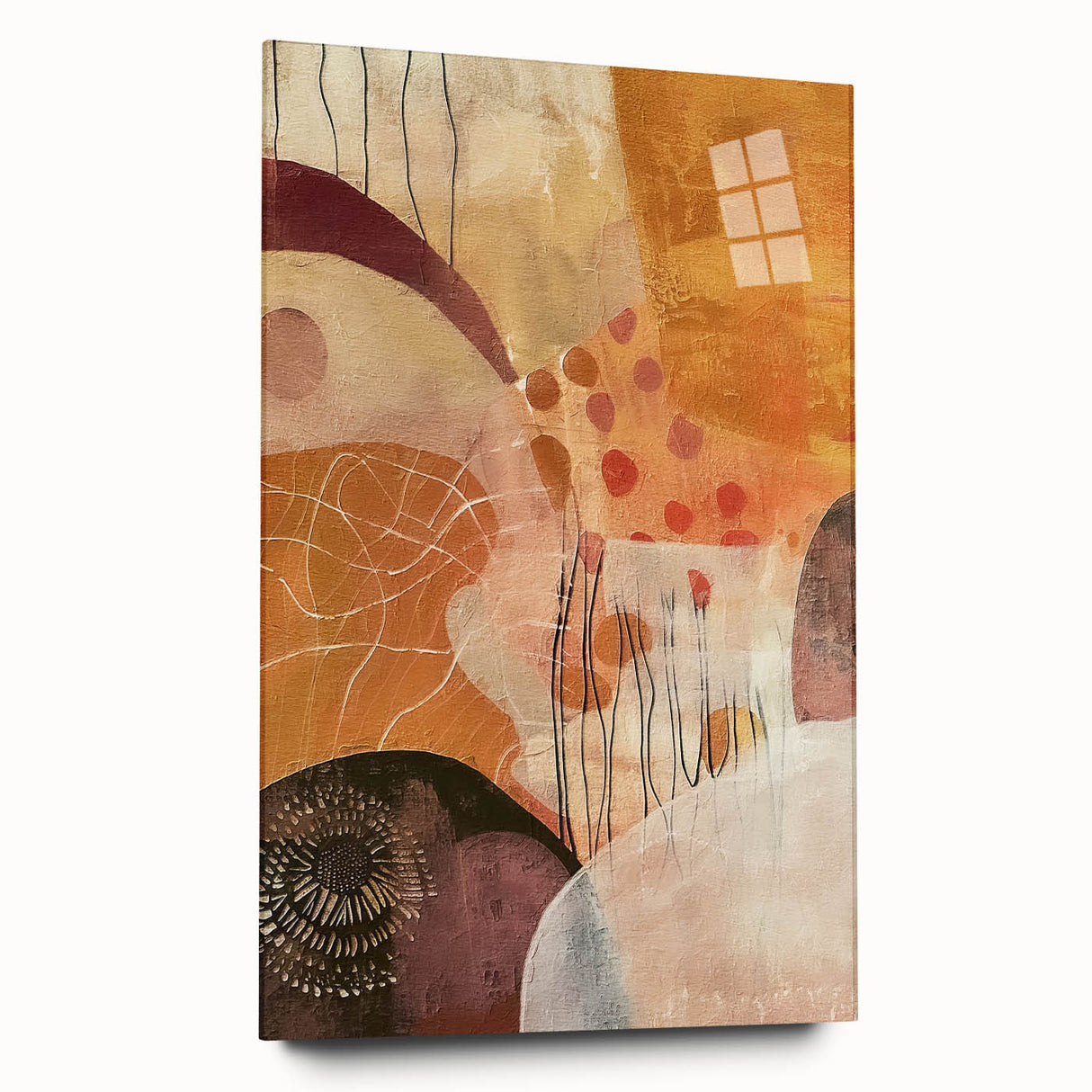 Large abstract wall art in warm autumn hues on acrylic glass, ideal for dining room ambiance.