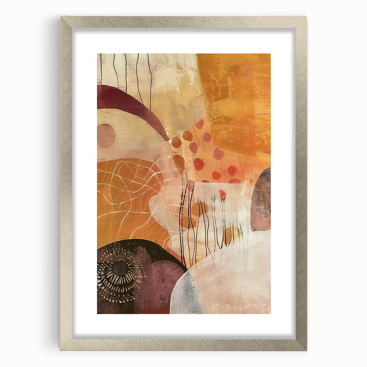 Textured art of abstract autumnal trees in warm orange and red hues on a silver-framed canvas, ideal for bedroom decor.
