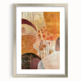 Textured art of abstract autumnal trees in warm orange and red hues on a silver-framed canvas, ideal for bedroom decor.