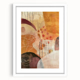 Abstract art print featuring warm autumnal hues on a white-framed canvas, suitable for dining room or bedroom decor.
