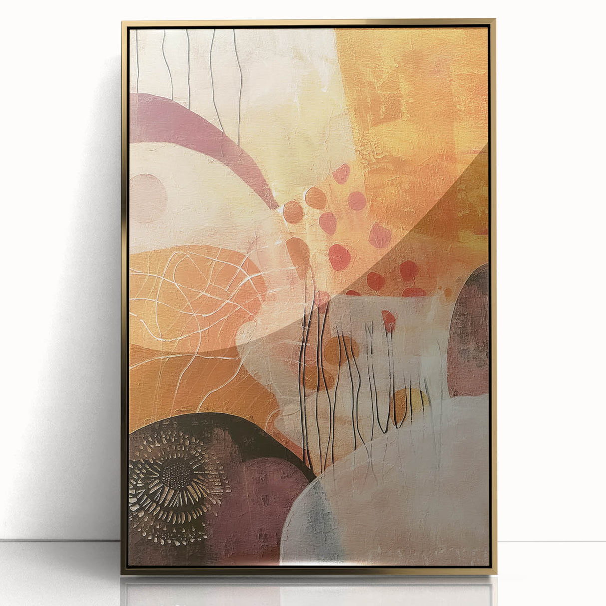 Large art print of a mid-century modernist autumn scene in golden hues on a framed acrylic, ideal for modern art wall decor.