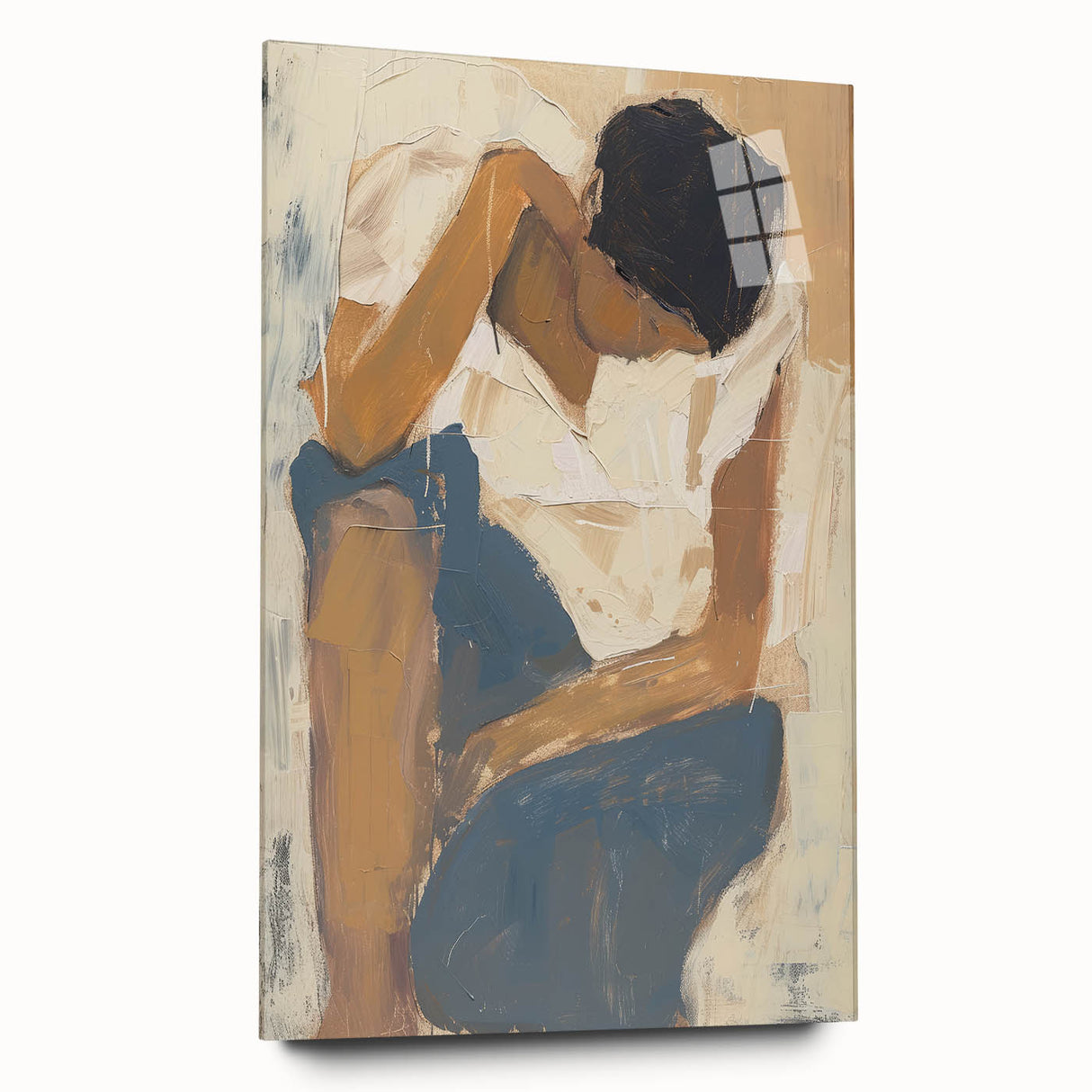 Abstract figurative acrylic artwork displayed on glass, showcasing vivid colors and dynamic shapes, ideal for modern interior decor. This side view highlights the vibrant details and contemporary style, perfect for art enthusiasts and collectors.