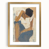 Abstract figurative artwork framed in elegant gold, showcasing vibrant colors and dynamic shapes, perfect for modern home decor or gallery displays.