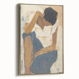 Framed canvas artwork showcasing an abstract figurative design with gold accents, viewed from the side, perfect for modern interior decor and art enthusiasts.