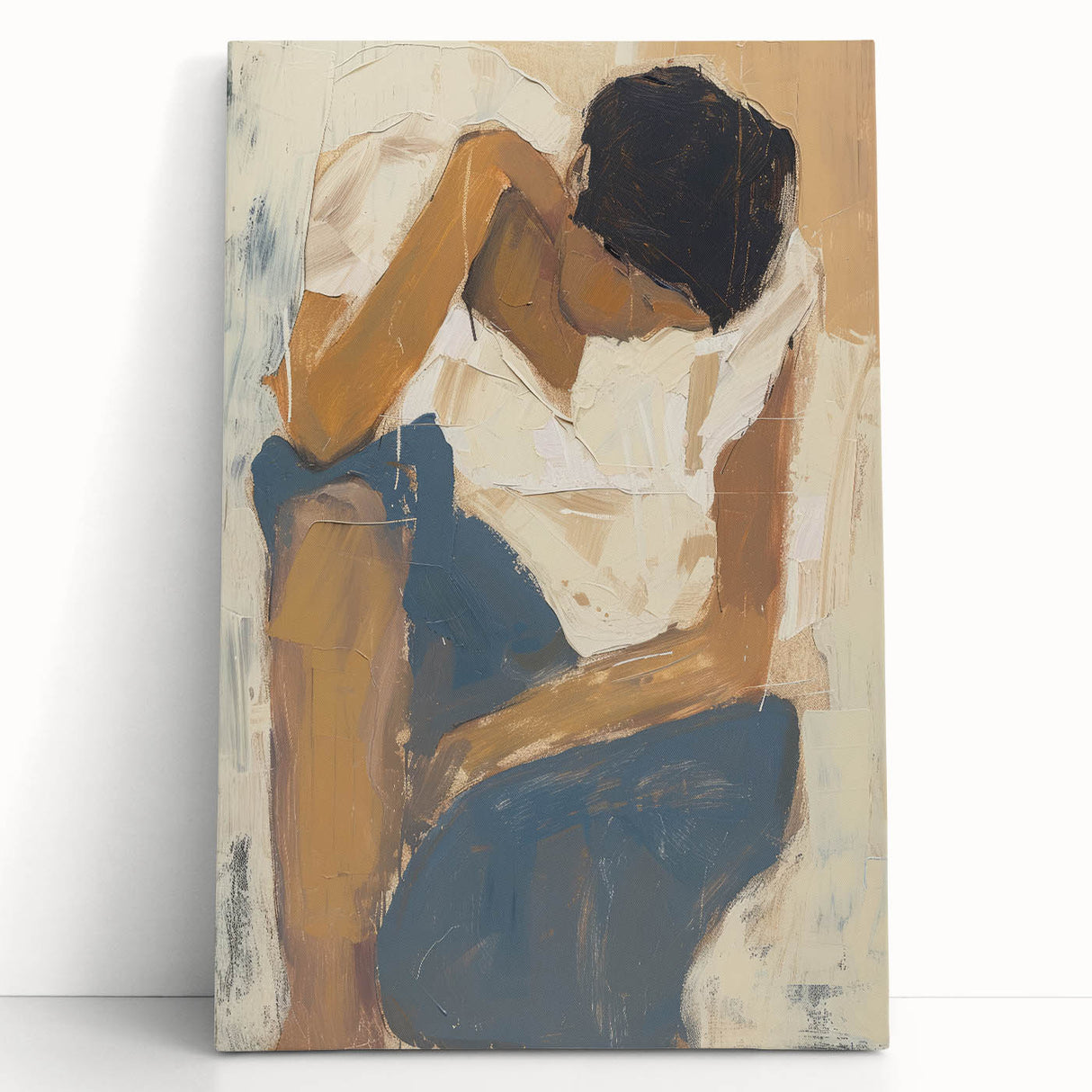 Abstract figurative stretched canvas artwork leaning against a wall, showcasing vibrant colors and dynamic shapes, perfect for modern home decor or art enthusiasts.