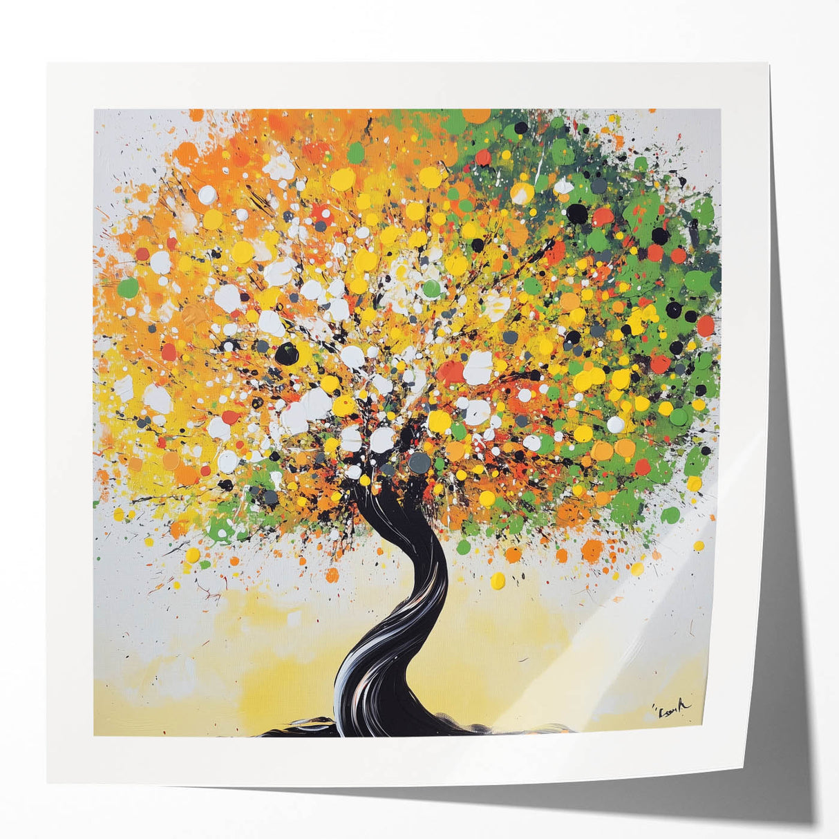 Abstract floral design in vibrant colors, printed on glossy paper, showcasing a modern artistic interpretation of nature, ideal for home decor.