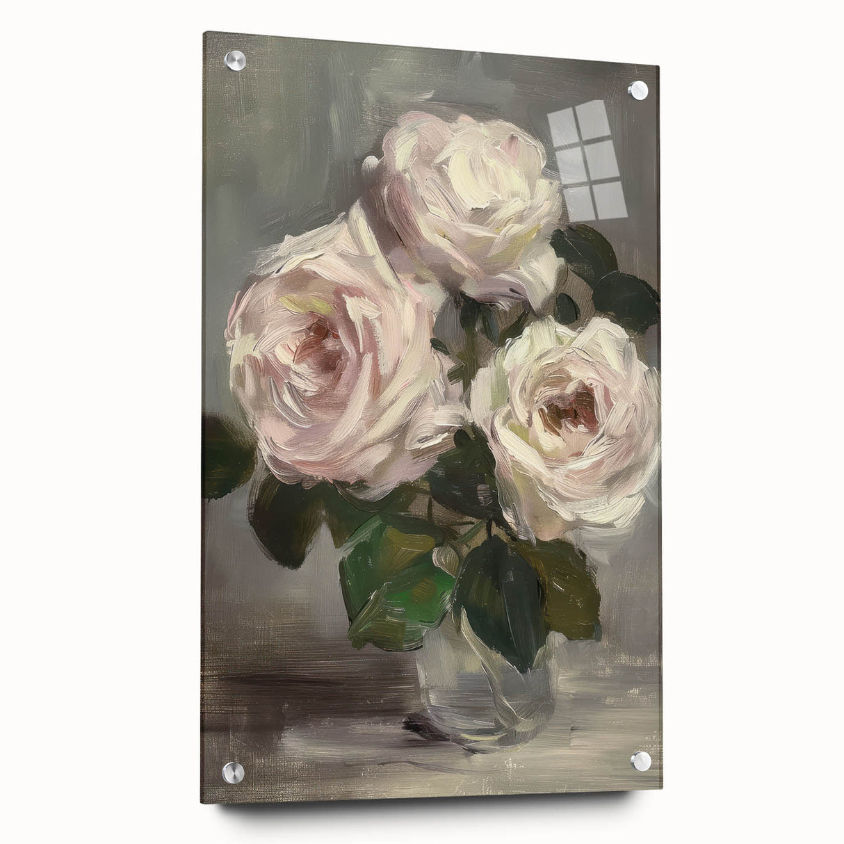 Abstract floral design on acrylic glass, showcasing vibrant colors and intricate patterns, displayed at a side angle with visible mounting pins for easy installation. Ideal for modern home decor accents.