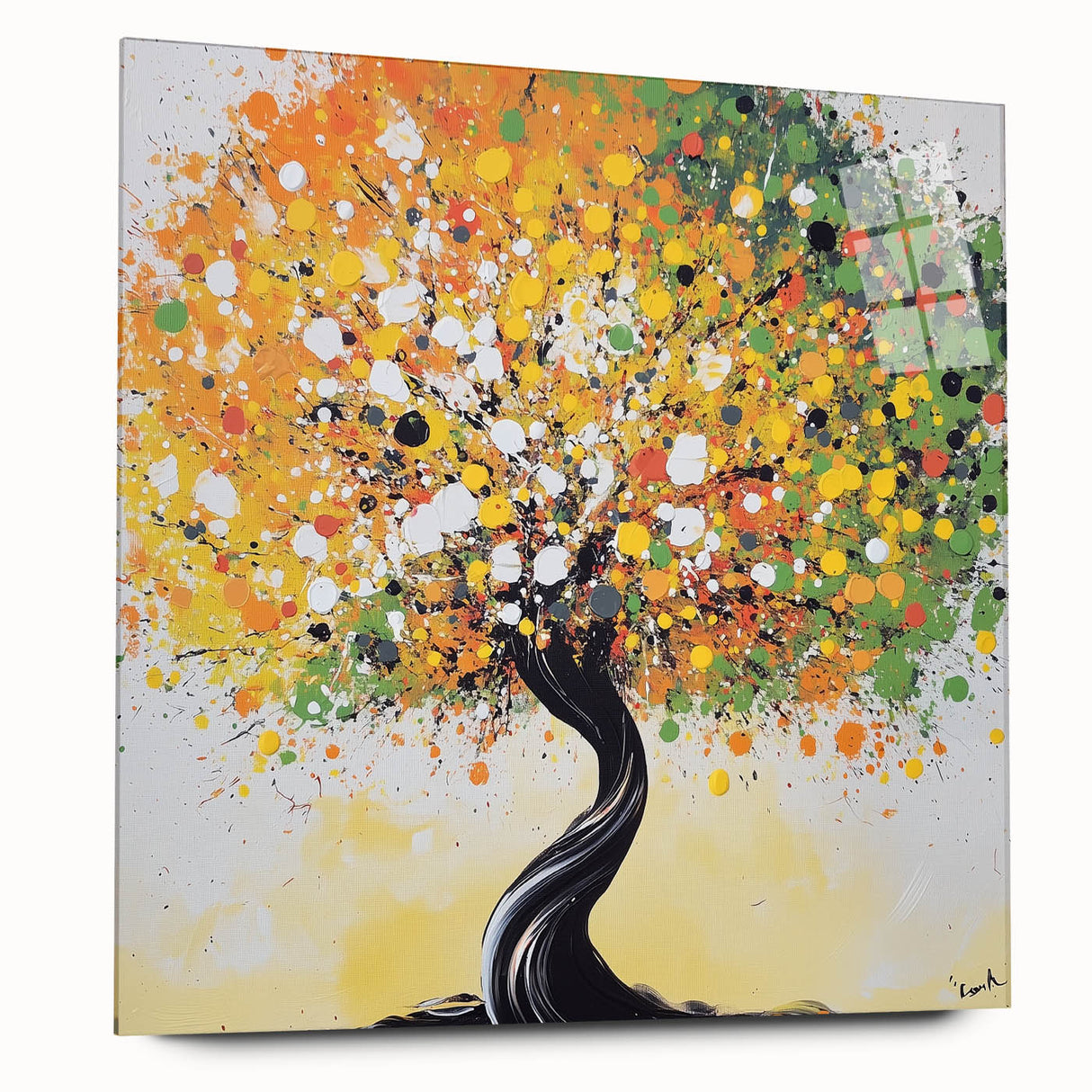 Abstract floral design on acrylic glass, showcasing vibrant colors and intricate patterns. The side view highlights the artwork's glossy finish, perfect for modern decor.