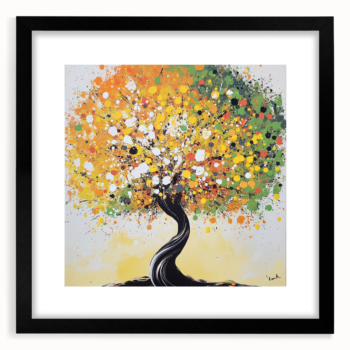 Black-framed abstract floral artwork featuring vibrant colors and intricate designs, ideal for modern home decor, displayed against a simple background.