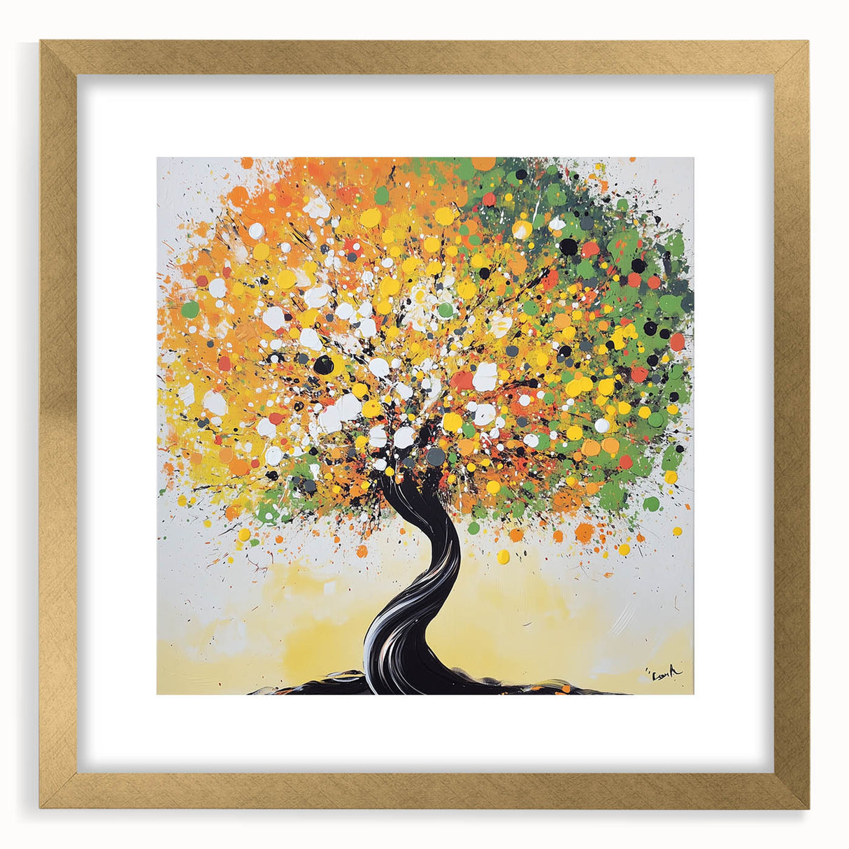 Abstract floral wall art framed in a gold mat, showcasing vibrant colors and intricate designs, ideal for modern home decor, enhancing any interior space.