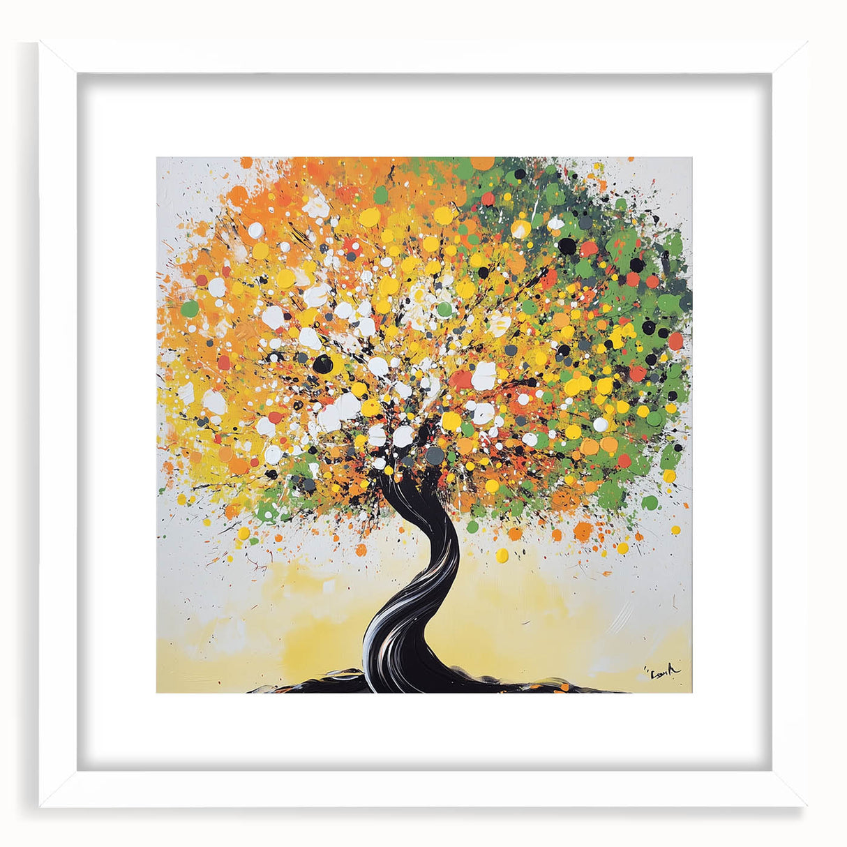 Abstract floral design framed in a white mat, showcasing vibrant colors and intricate patterns, ideal for modern home decor. Perfect for adding a touch of elegance to any space.