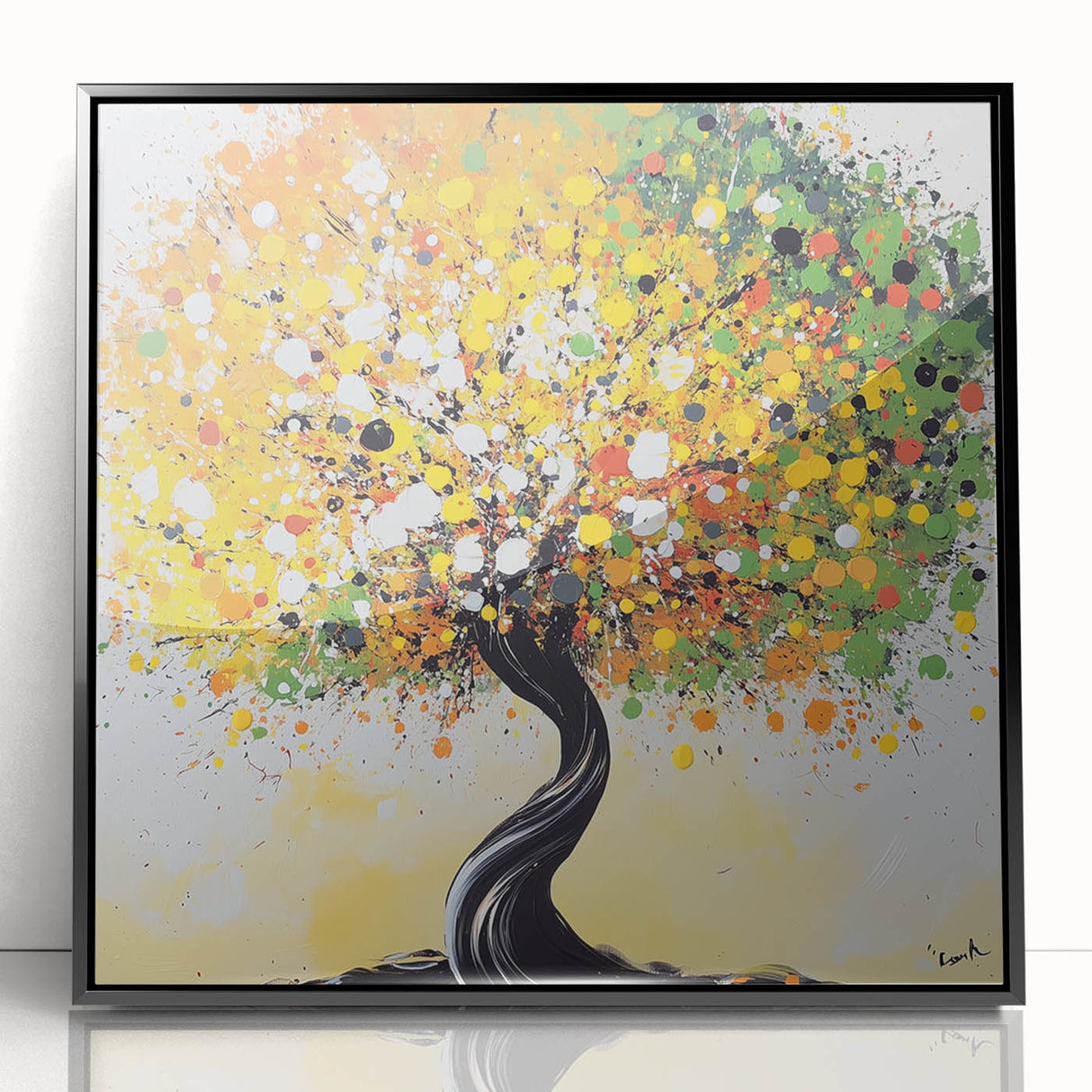 Framed acrylic artwork showcasing vibrant abstract floral designs in a sleek black frame, perfect for modern home decor or office spaces.