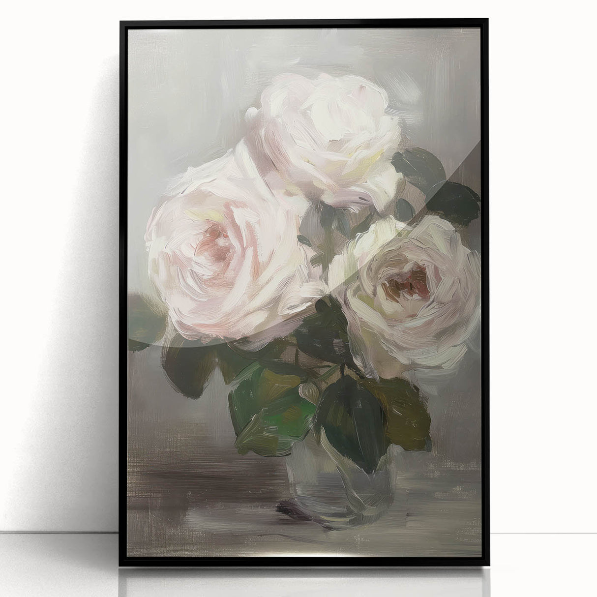 Framed abstract floral artwork in vibrant colors, featuring delicate petals and leaves, set against a sleek black background, perfect for modern home decor.