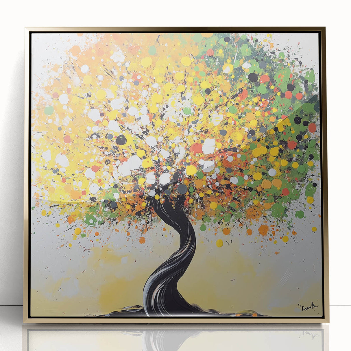 Framed acrylic artwork showcasing an abstract floral design in vibrant colors, accented with a sleek gold border, perfect for modern home decor.