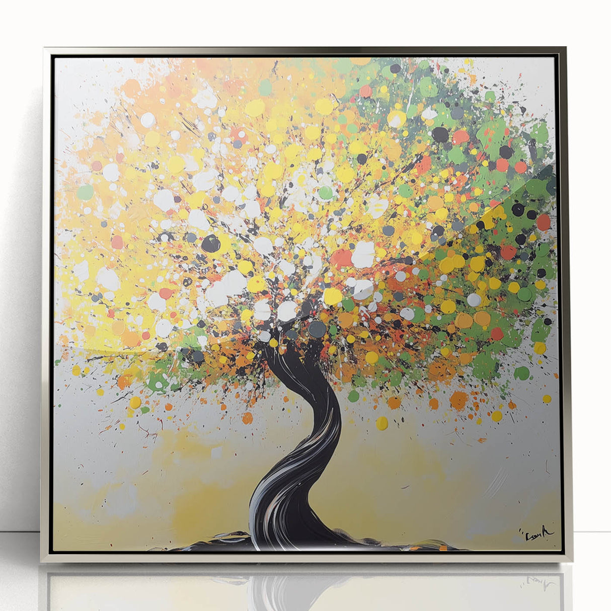 Framed acrylic artwork showcasing an abstract floral design in vibrant colors, featuring a sleek silver frame, ideal for modern home decor and art enthusiasts.