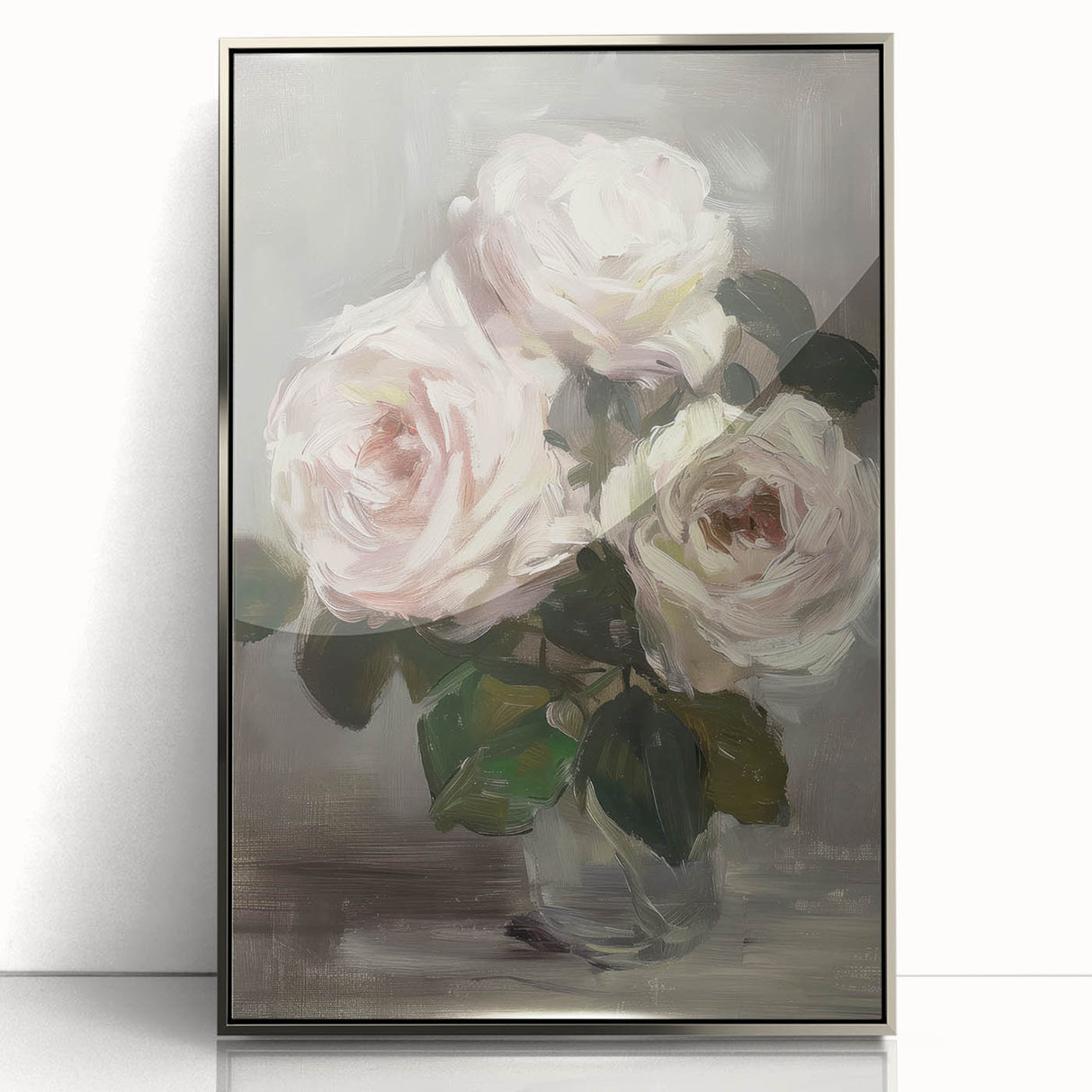 Framed acrylic artwork showcasing vibrant abstract florals in shades of blue, pink, and gold, elegantly presented in a sleek silver frame, perfect for modern decor.