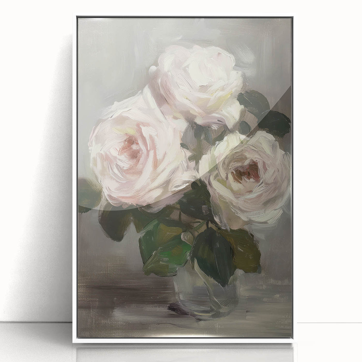 Abstract floral artwork in a sleek white frame, featuring vibrant colors and intricate details, perfect for modern home decor or office enhancement.