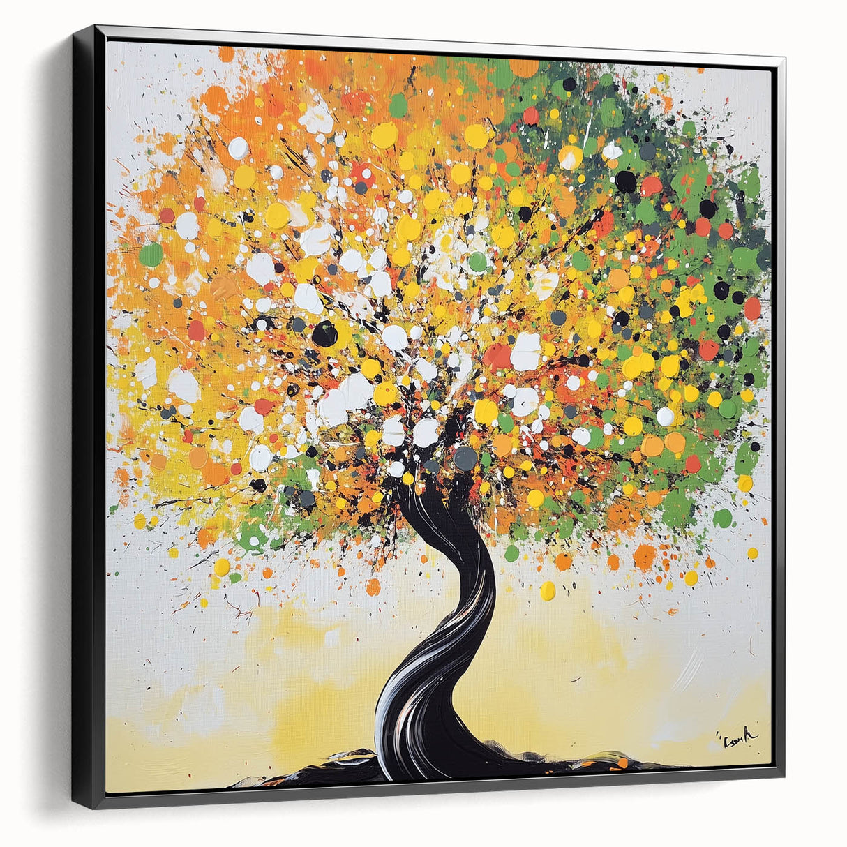 Framed black side view of an abstract floral canvas art piece, showcasing vibrant colors and intricate patterns, perfect for modern home decor.