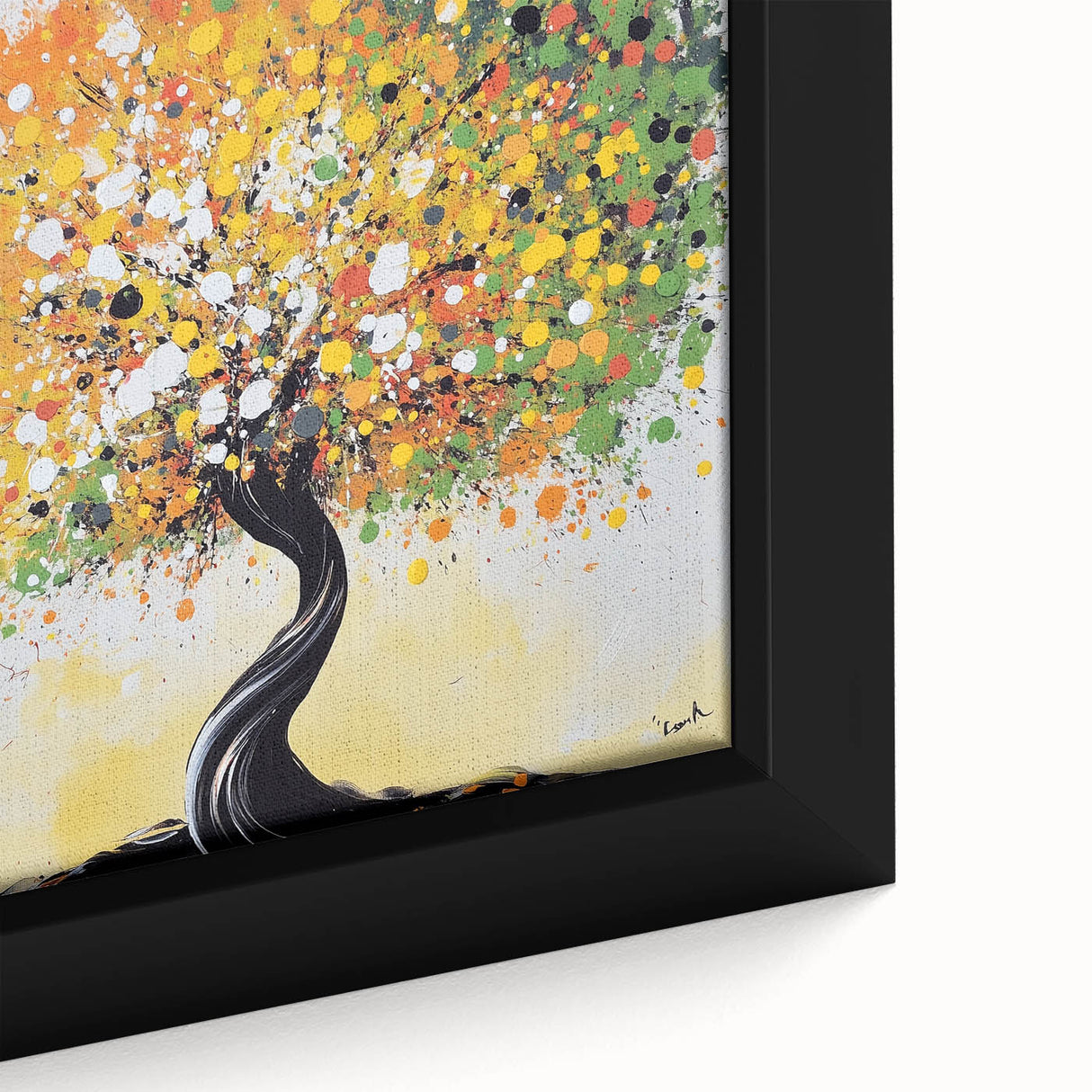 Close-up of a framed canvas featuring vibrant abstract floral designs in shades of pink, blue, and green, showcasing intricate textures and details, ideal for modern home decor.
