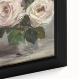 Vibrant close-up of an abstract floral framed canvas art piece, showcasing intricate brush strokes in soft pastels and bold colors, perfect for modern decor.