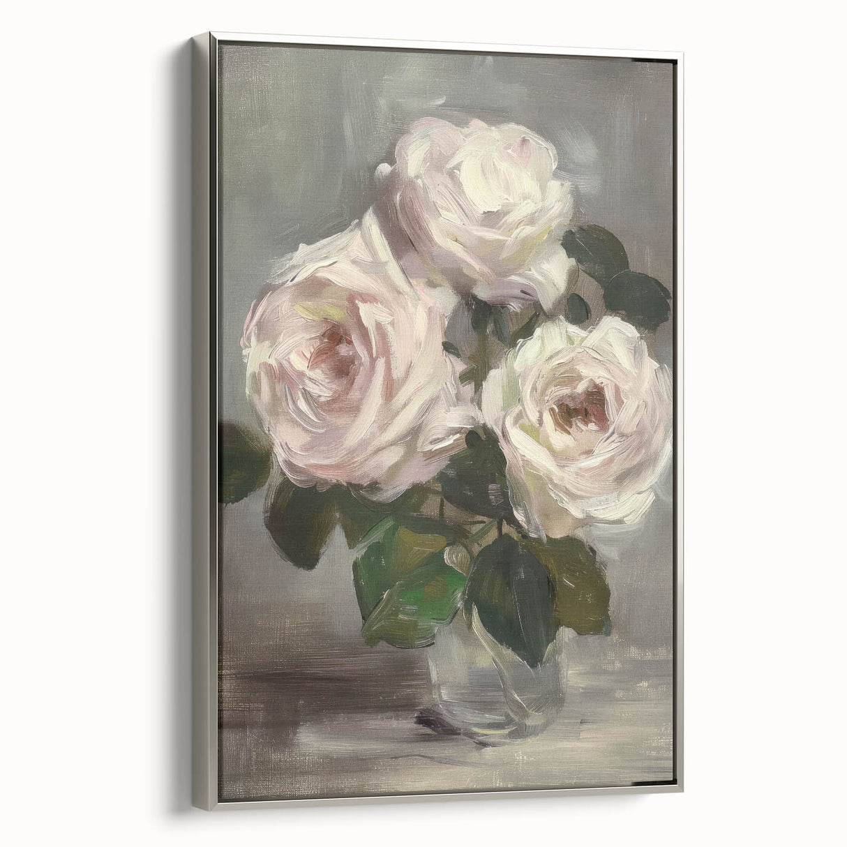 Framed canvas artwork showcasing abstract floral designs in vibrant colors, set in a sleek silver frame, ideal for modern home decor.