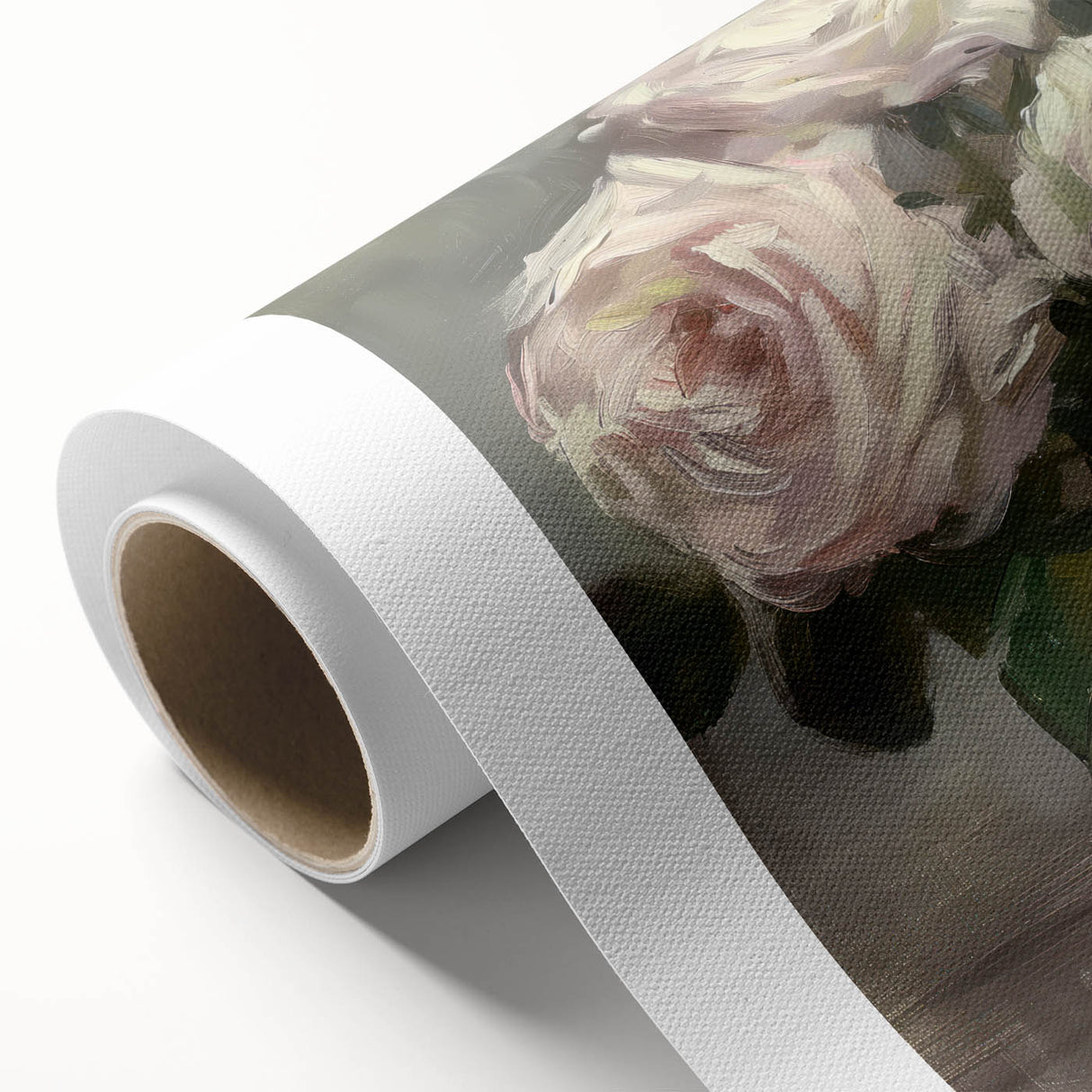 Abstract floral design on rolled canvas, showcasing vibrant colors and intricate patterns, elegantly packaged in a protective cardboard tube for easy display.