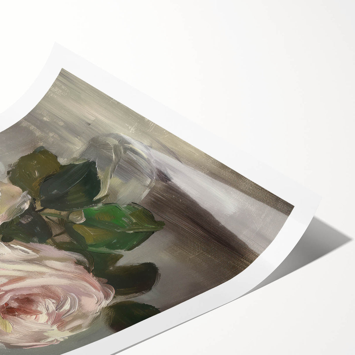 Abstract floral design rolled print featuring vibrant colors of pink, blue, and green, showcasing intricate botanical details, perfect for home decor.