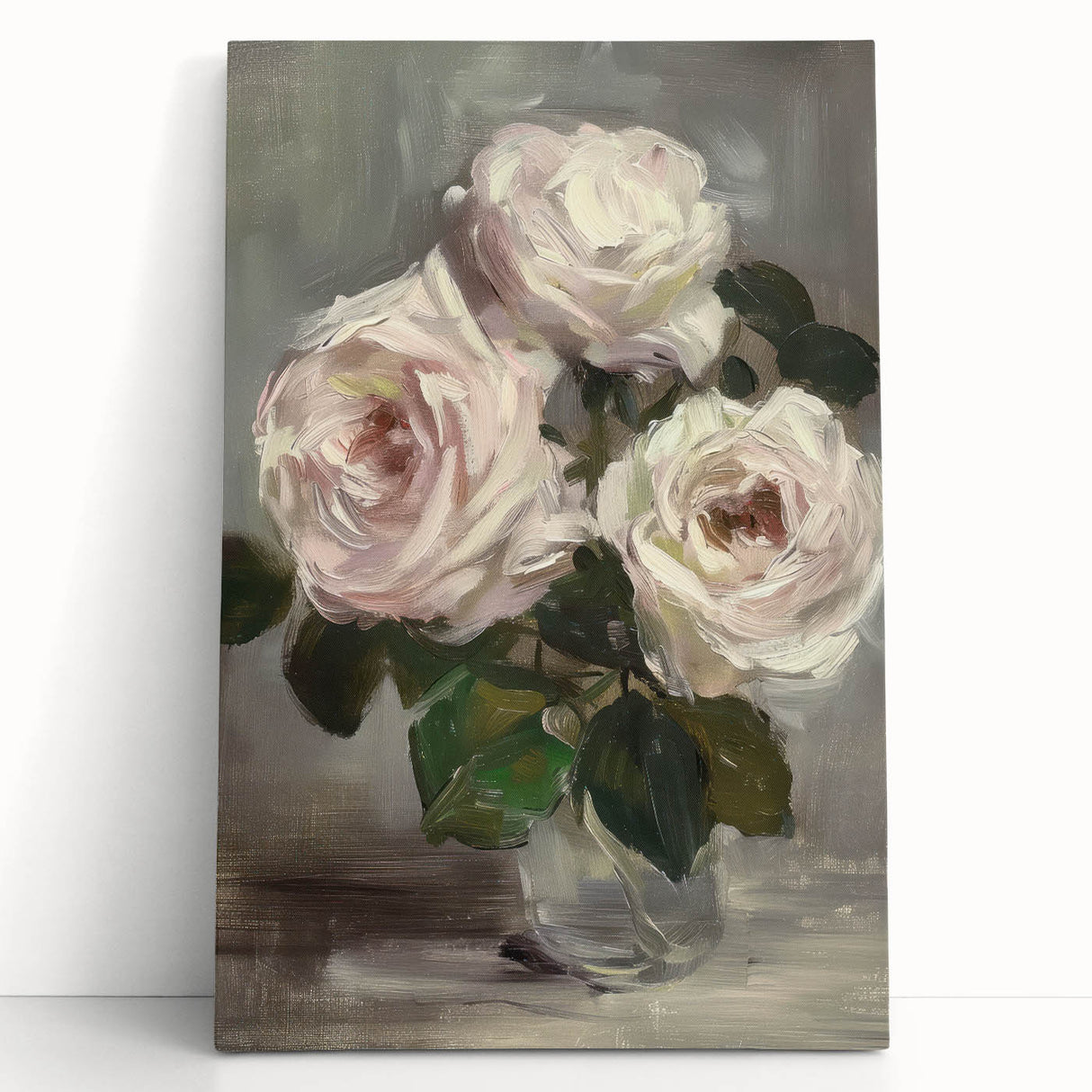 Abstract floral design on stretched canvas, showcasing vibrant colors and intricate details, leaning against a neutral wall, perfect for home decor.
