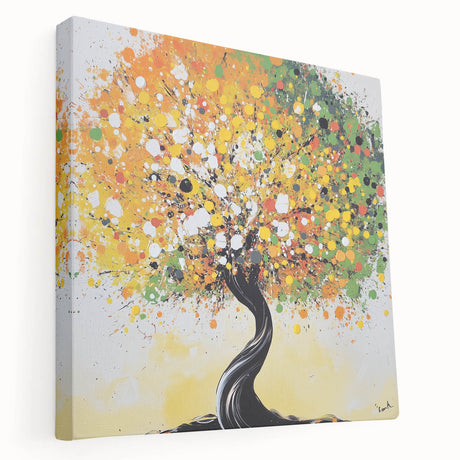 Abstract floral canvas print showcasing vibrant colors and intricate designs, displayed in a side view to highlight its stretched edges and depth, ideal for modern decor.