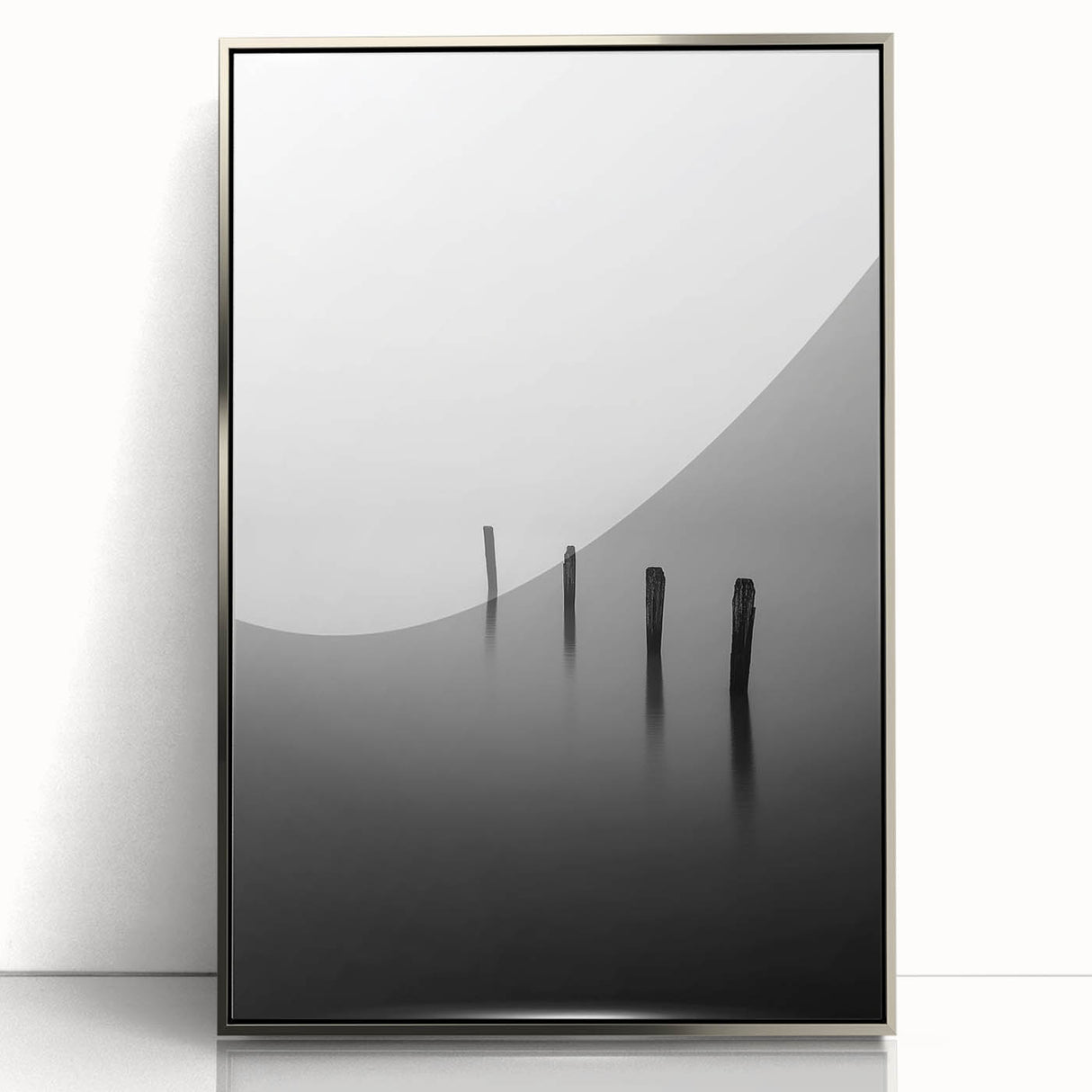 Framed abstract landscape artwork in silver acrylic, showcasing vibrant colors and dynamic shapes, perfect for modern home decor. Ideal for accentuating living spaces.
