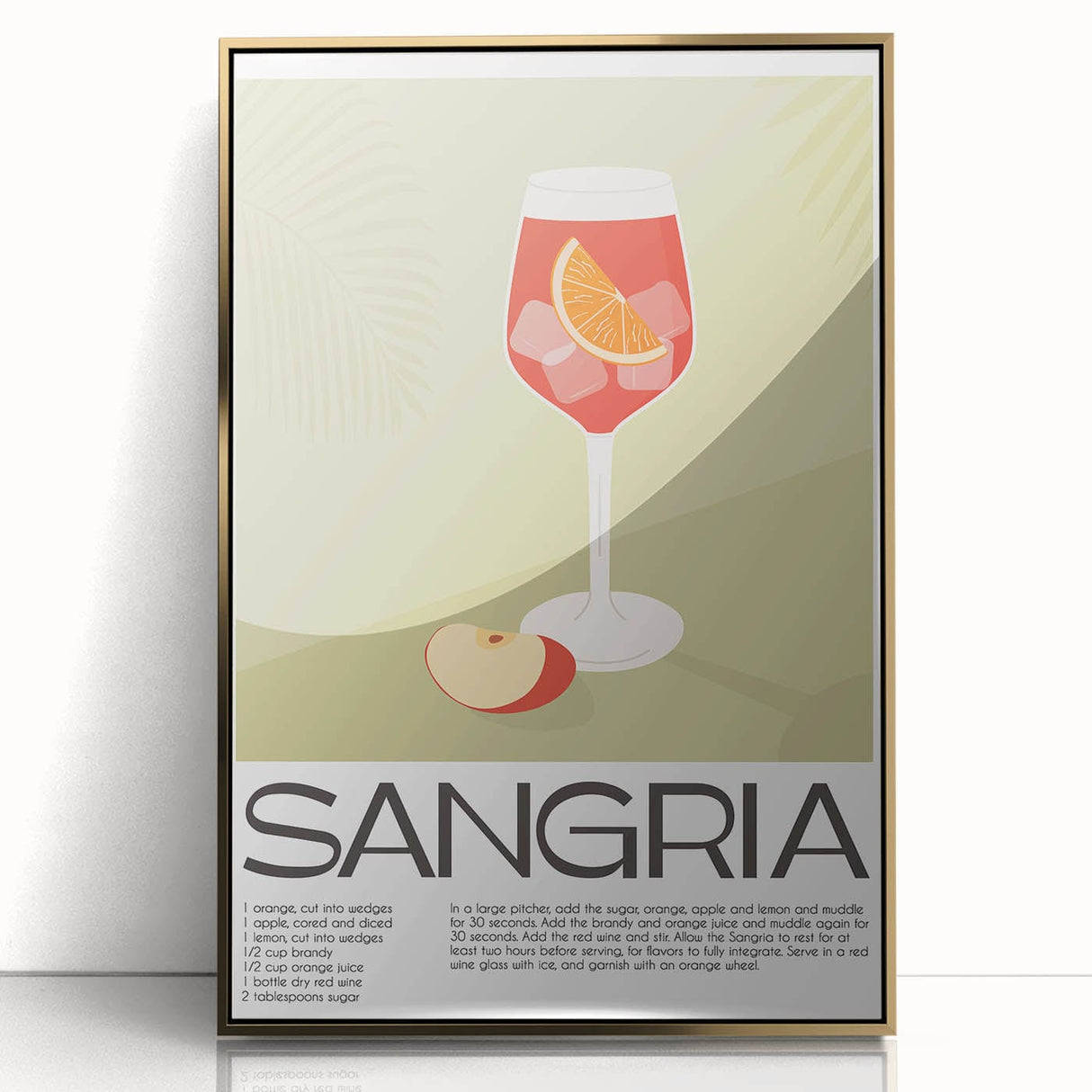 Large art print of a mid-century modernist food and drink theme in gold tones, framed acrylic.