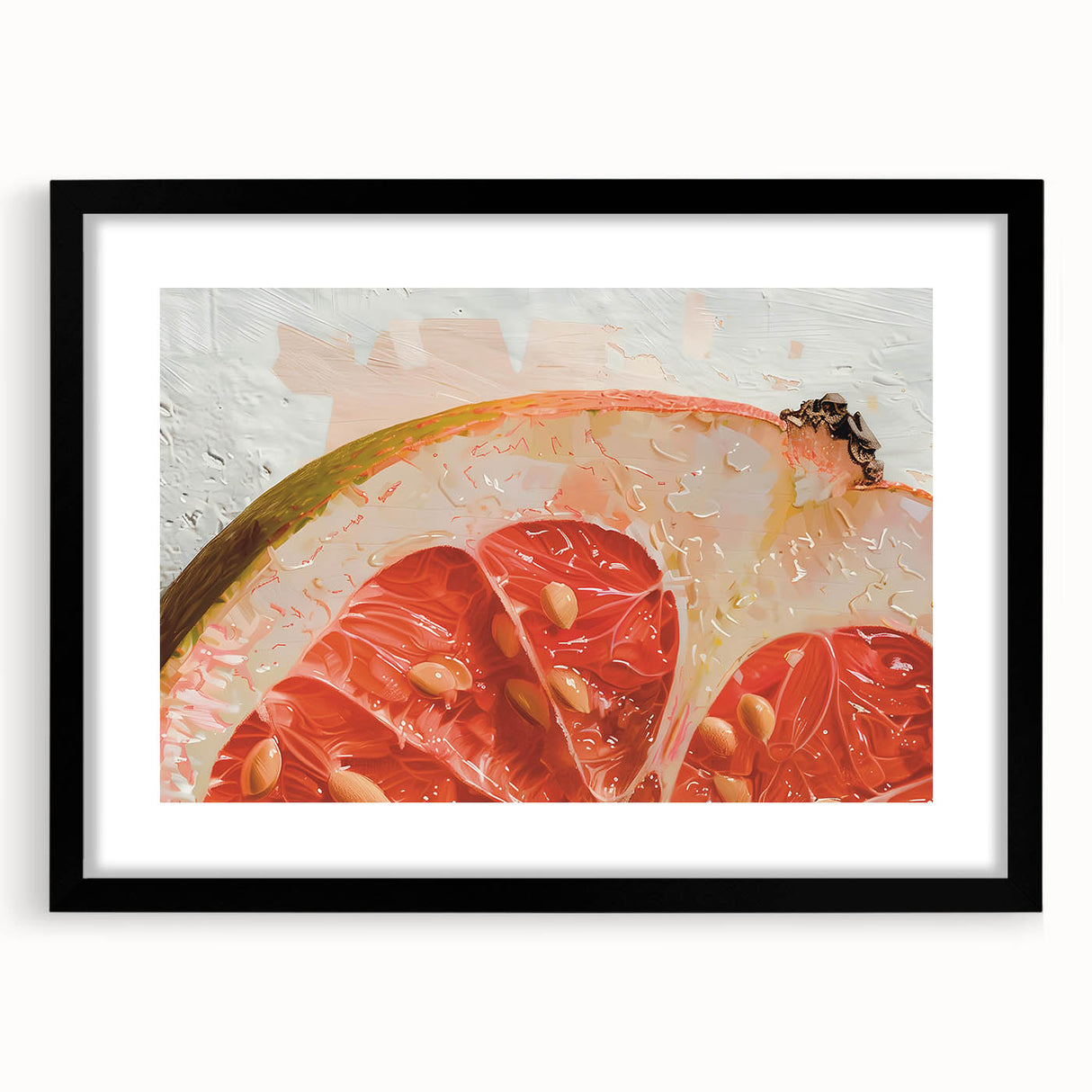 Extra large abstract art print featuring vibrant, colorful fruit motifs on a textured canvas, framed in black.