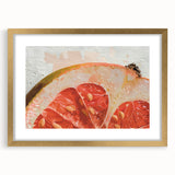 Extra large abstract art print of assorted fruits in vibrant colors, framed in gold, ideal for living room decor.