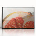 Large abstract wall art featuring assorted fruits in bold colors, framed in black acrylic, suitable for modern kitchen decor.