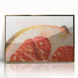 Large art print of assorted fruits in vivid colors, mid-century modernist style, acrylic framed.