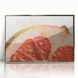 Mid-century modernist art featuring an array of fruits in vibrant colors on a silver-framed acrylic print.