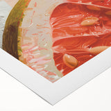 Art deco poster featuring an assortment of fruits in bold colors on a rolled canvas, suitable for dining room decor.