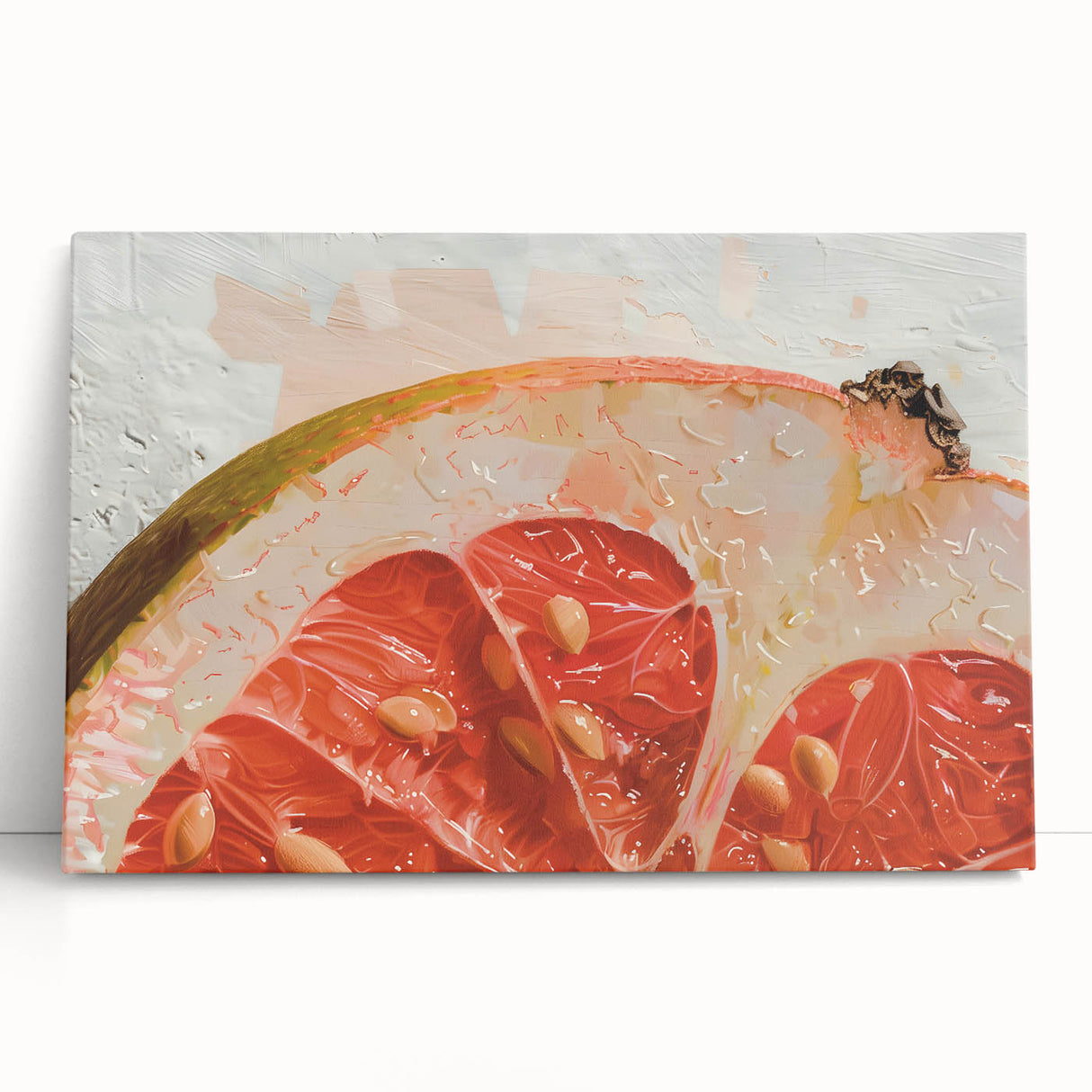 Large black and white stretched canvas of assorted fruits, ideal for kitchen wall art.