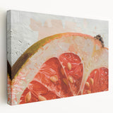 Large stretched canvas depicting a variety of colorful fruits, ideal for kitchen wall art.