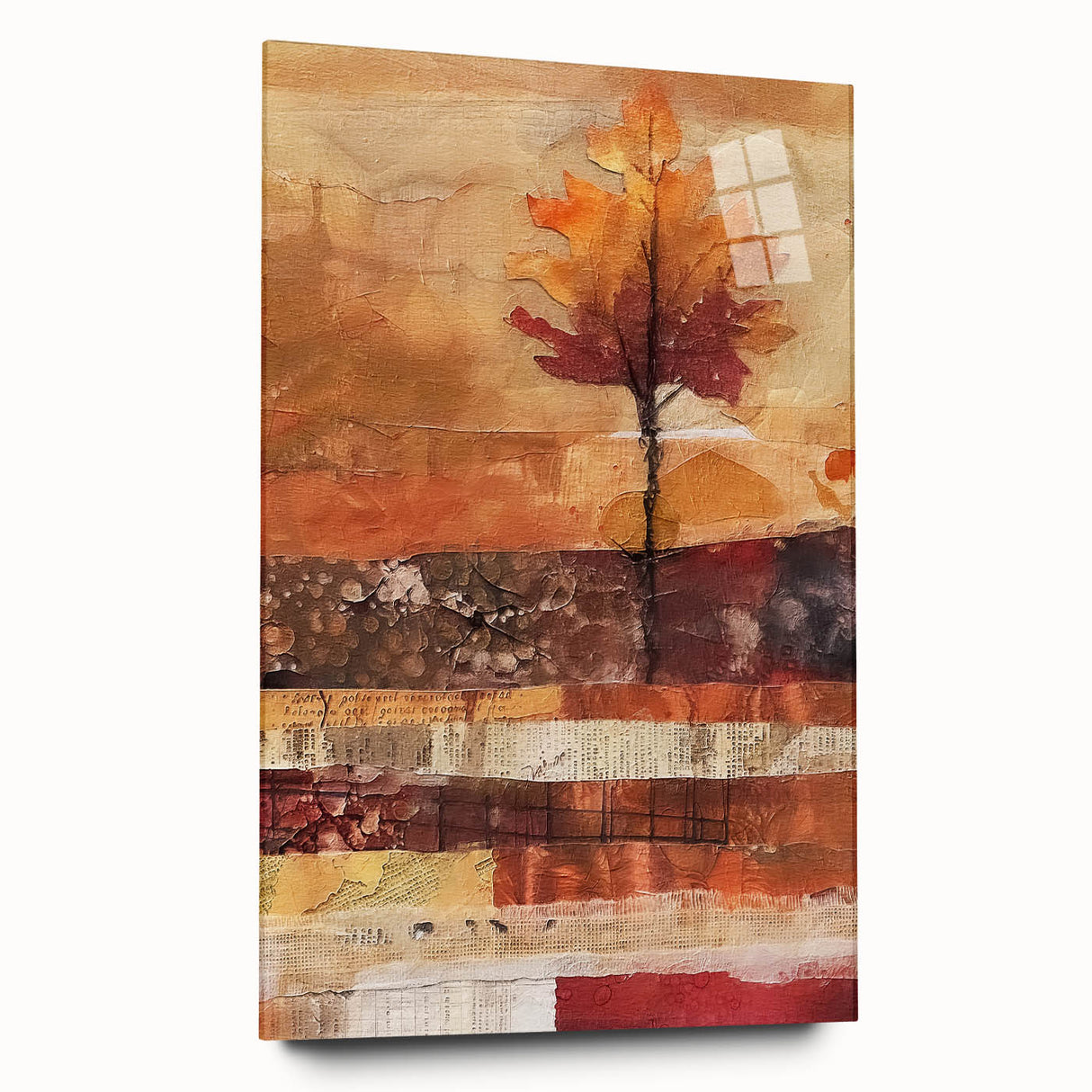 Large abstract wall art featuring warm autumnal hues on acrylic glass, ideal for dining room ambiance.
