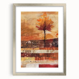 Textured abstract art print in warm autumn hues on a silver-framed canvas, suitable for bedroom decor.