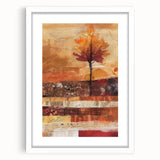 Abstract art print featuring swirling autumnal hues on a white framed canvas, suitable for dining room or bedroom decor.