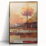 Large art print featuring a mid-century modernist autumn scene in warm gold tones, acrylic framed.