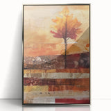 Mid-century modernist art depicting autumn trees in orange and gold tones, framed in silver acrylic.