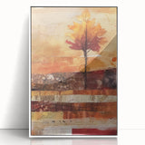 Art deco poster of autumn trees in orange and red tones on white framed acrylic, ideal for modern nursery wall decor.