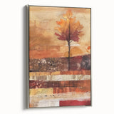 Framed canvas featuring a vintage poster-style landscape art painting of a fall scene with colorful foliage in muted earth…
