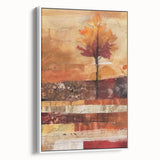 Vintage poster art depicting autumn trees in vibrant orange and red on a large framed canvas, ideal for living room decor.